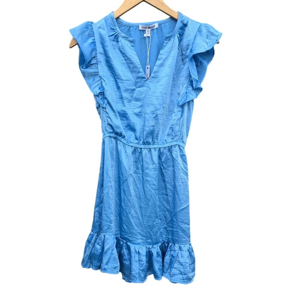 NWT Silky light blue Steve Madden Dress Preppy romantic vacation mini XS ruffle